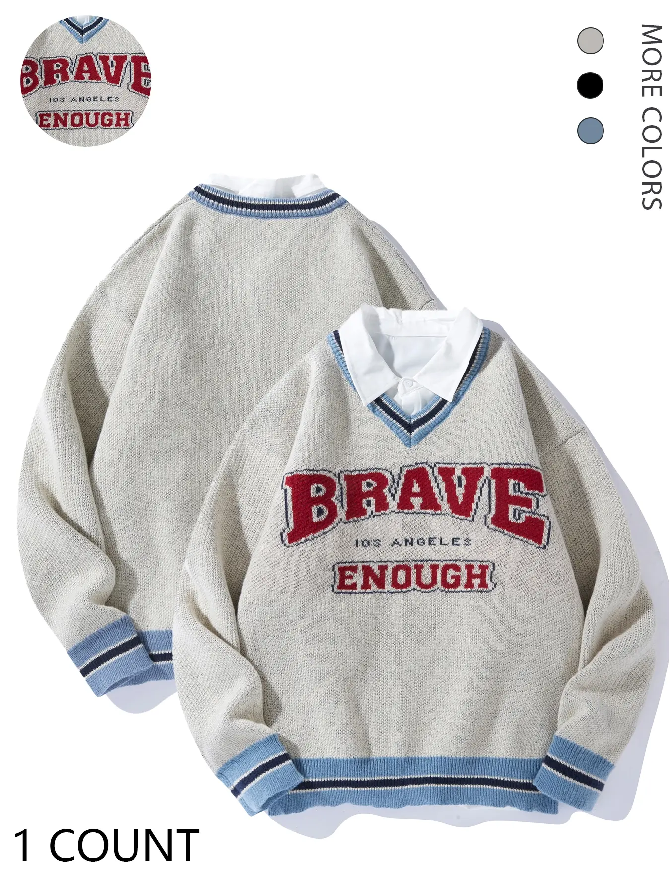 Men's 2-IN-1 Letter Print Drop Shoulder Collared Sweater, Casual Comfy Pullover, Loose Casual Preppy Striped Trim Long Sleeve Button Jumper for Spring & Fall, Fashion Men's Knitwear for Daily Wear
