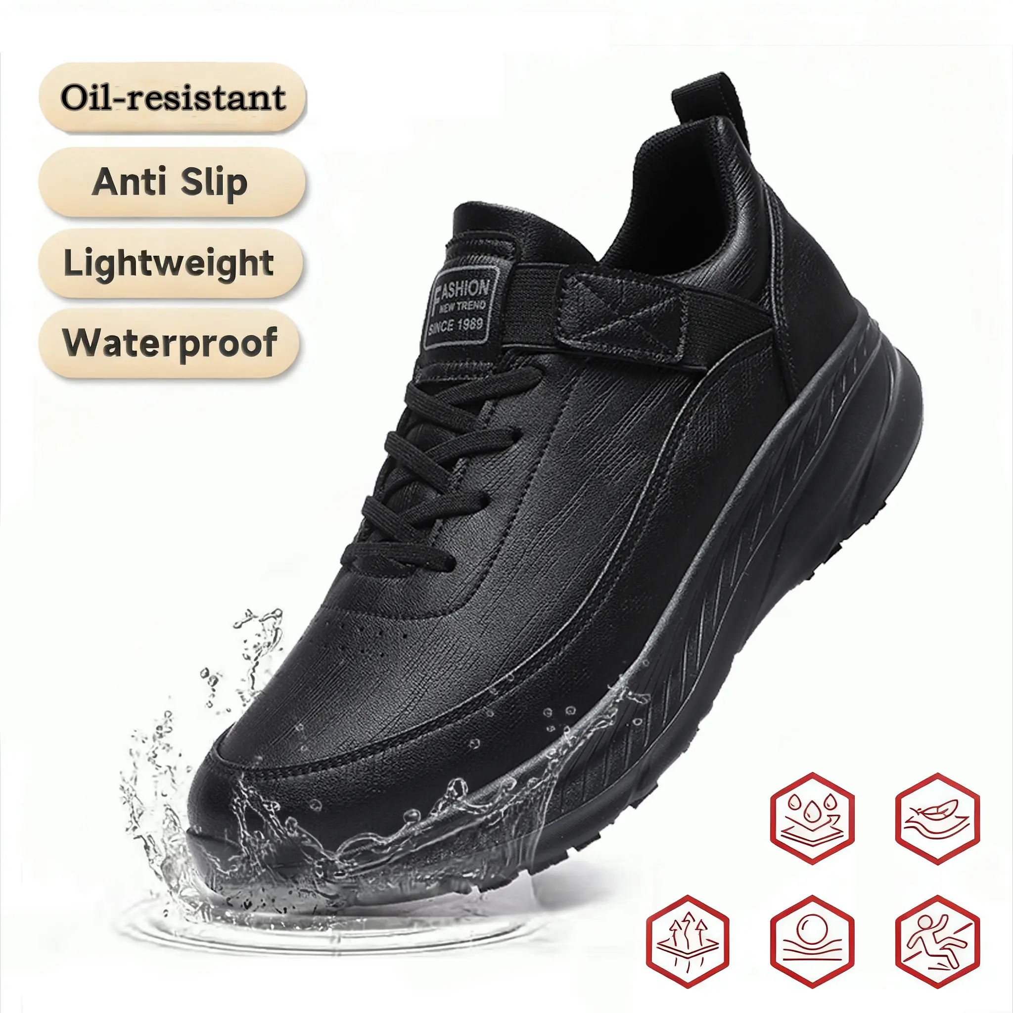 Slip-on outdoor sports shoes / work shoes — waterproof, anti-slip, oil-proof, odor-resistant, suitable for daily life and work, comfortable, black stain-resistant, easy to put on and take off (no laces needed), wide toe, Footwear.