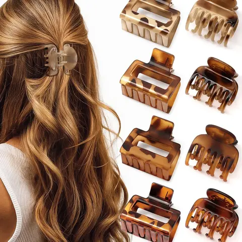8 PCS Small Hair Clip Set for Women Girls, Square Shape Medium Hair Claw Clips for Thin, Fine & Short Hair, Cute Non Slip Leopard Print Jaw Clips, Fun Claw Clips for Holiday Gifts, Ideal for Half Up Hair Claw Clip Pack