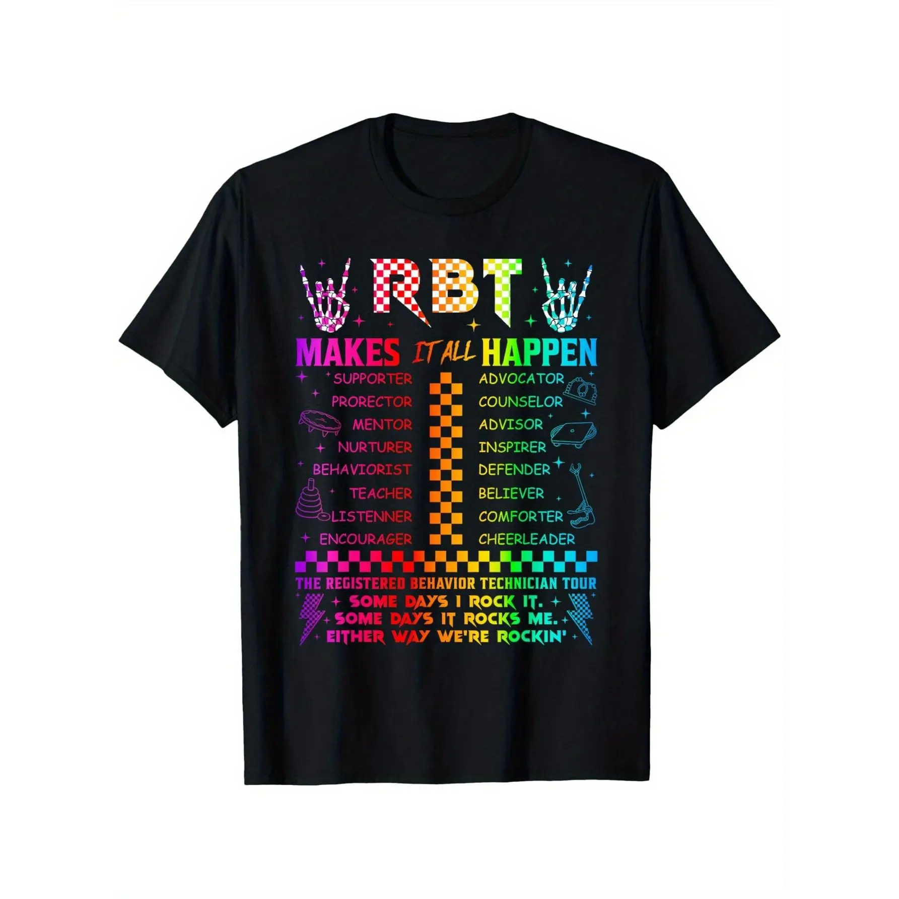 Men's Streetwear Menswear Round Neck RBT Registered Behavior Technician Graphic Top - "Makes It All Happen" Retro Design, 100% Cotton Casual Short Sleeve Tee, Machine Washable, S-XXXL