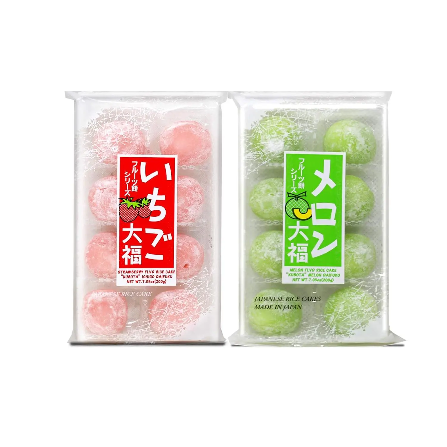 Japanese Mochi Fruits Daifuku (Rice Cake): Strawberry, Melon, Green Tea, Orange Flavors. (Strawberry + Melon)