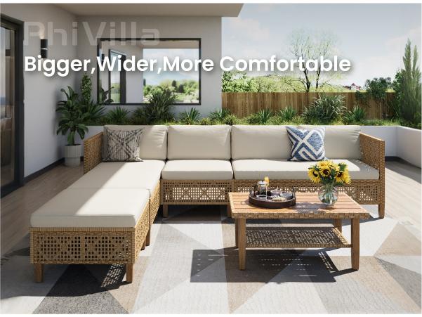 Phivilla Boho Wicker Patio Furniture Sofa Set, 3-6 Seaters, Outdoor Rattan Sectional Sets Conversation Set - Weather-Resistant, with Dual Storage Coffee Table Acacia Wood Legs for Garden, Patio & Deck,Spring Glow Up