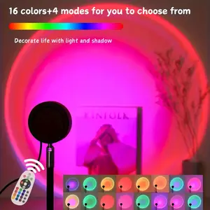 16-Color LED Sunset Projection Lamp with Remote Control - LED Light Entertainment, Vibrant RGB Sunrise and Sunset Lighting, 4 Modes for Photography, Selfies, Parties, Home Decor, Weddings, Camping, Valentine's, Halloween, Adjustable Brightness