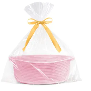 Woven  Basket with Clear Bag & Ribbon - 13" x 8" x 5"  Rope Empty Decorative Christmas Gifting Basket with Handle - Soft Organizing Storage for  Girl Toys