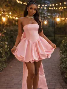 Women's Chic Strapless Sleeveless Polyester Formal Bubble Dress - Bowknot Detail, Mini Bubble Hem, Pink Prom Dresses for Women, Elegant Formal Wear