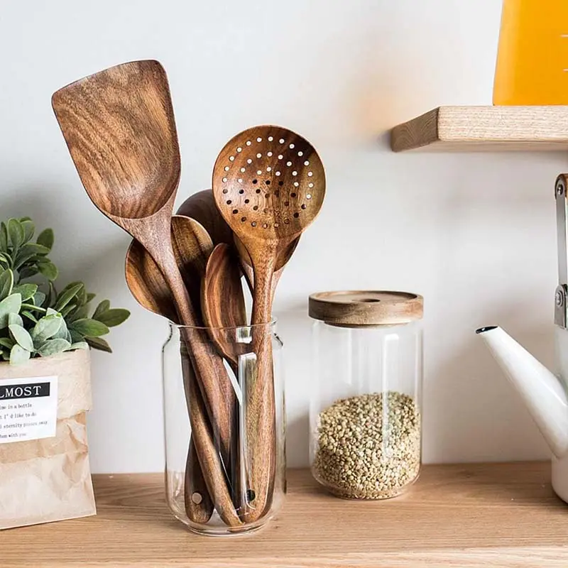 【Summerfinds】Wooden Spoons for Cooking, 5 Pcs Teak Wood Kitchen Utensils Set with Spoon Rest - Nonstick Heat Resistant Wooden Cooking Utensils, Natural Healthy Spatula Set for Pots and Pans multifunctional vegetable cutter juicer