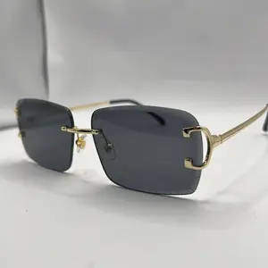 Square Diamond Cut Shades C Shape Sunglasses for Men and Women - Gold Plated Stainless Steel Frame