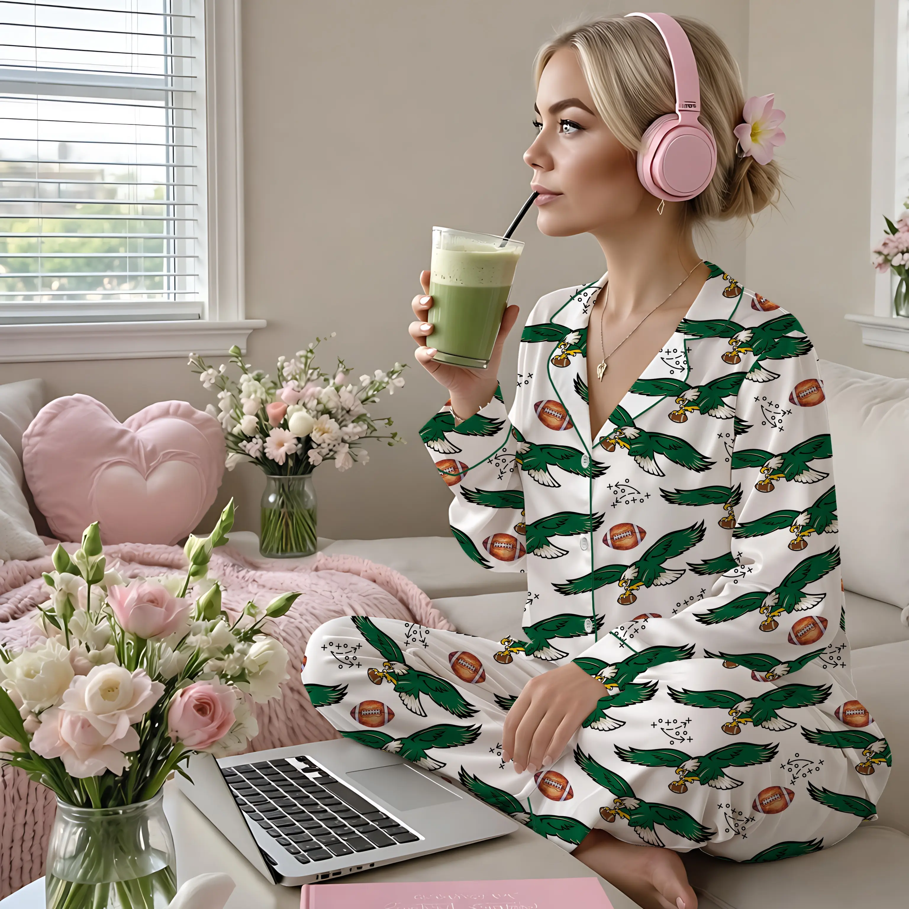 Women’s Eagles Football Print Pajama Set, Short-Sleeved V-Neck Sleepwear for All Seasons Button Front Pockets Comfortable All-Season Sleepwear