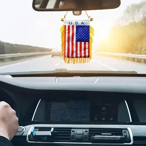 2 Pcs Double-Sided Mini USA Flags with Tassels 3x4 Inch Polyester Car Mirror Decor with Suction Cups Hangable Ornaments