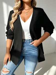 Plus Size Womenswear Commuter Casual Blazer Jacket, Slim Fit Waist Long Sleeve Open Front Top, Stylish No Collar Cardigan for Daily Wear