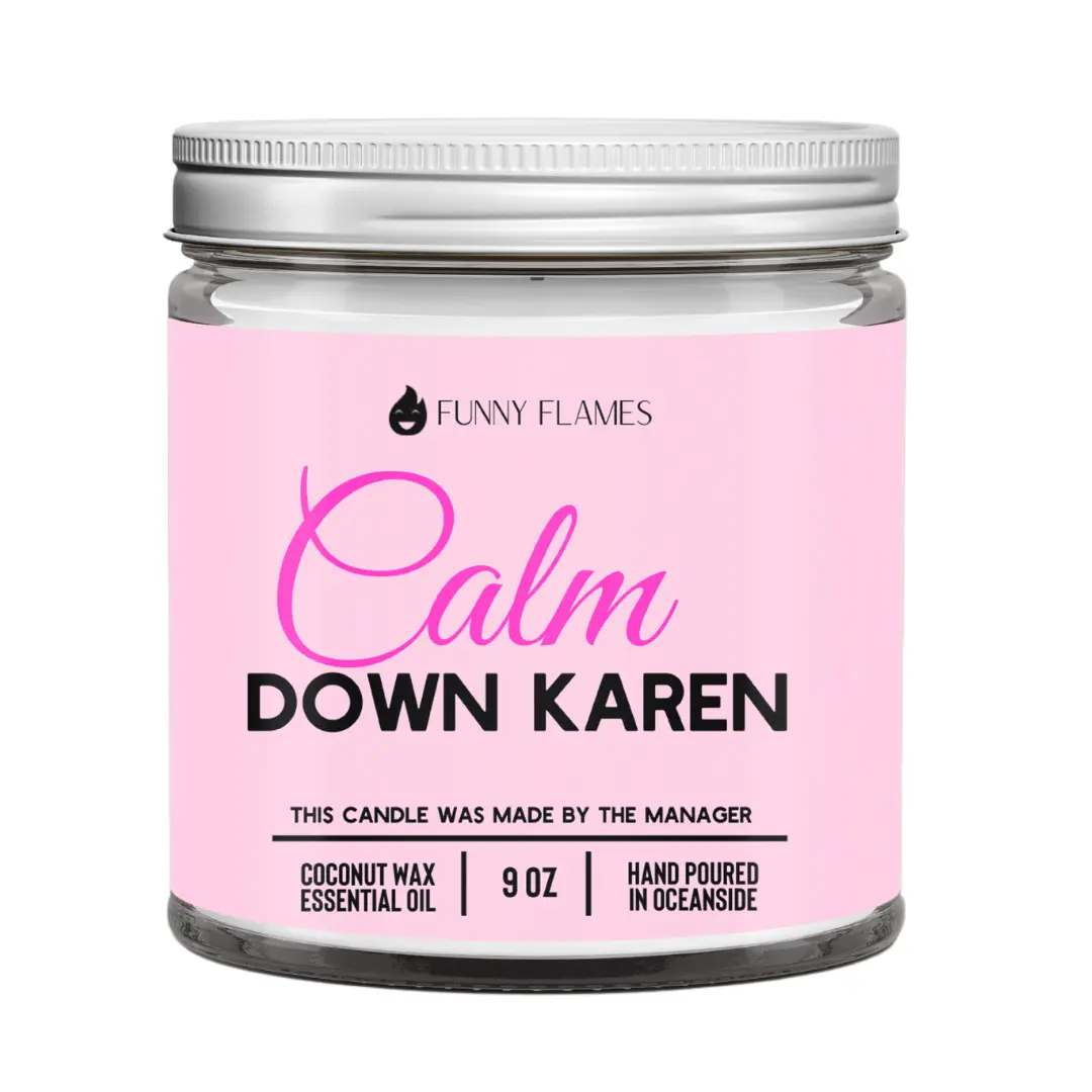 Funny Flames Calm Down Karen Candle - 9 Oz Coconut Wax Blend with Lemongrass Jasmine & Patchouli Scent for Relaxation and Inner Peace