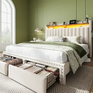 [NO MATTRESS] Raynee Queen Size Bed Frame with Storage Drawers & Bookcase Shelf, Luxury Upholstered Bed Frame for King Size  with LED Lights & Built-in Charging Station on  Headboard, Modern Platform Beds, 900LBS Capacity, Noise Less Bedroom Furniture