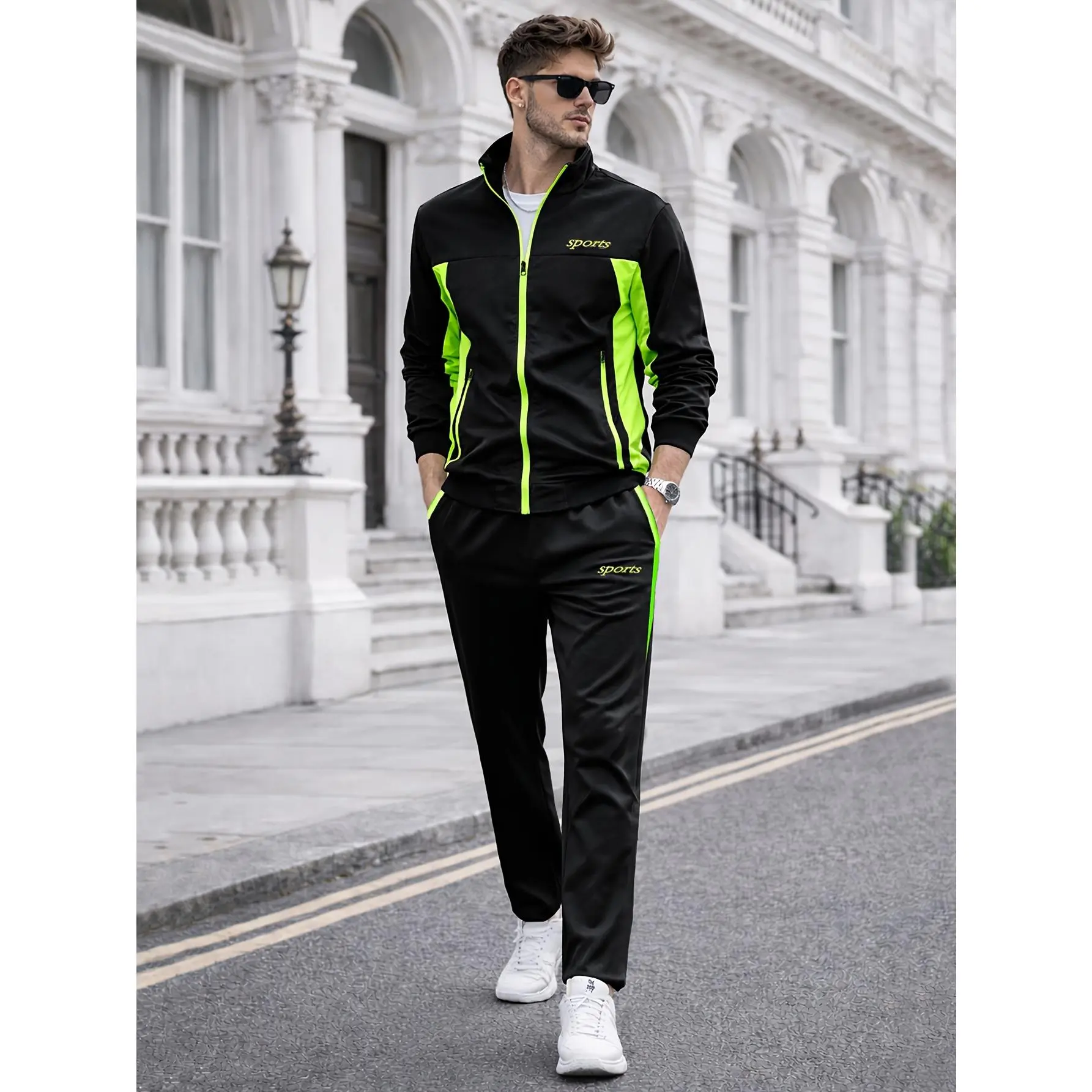 Men's 2-Piece Polyester Synthetics Woven Athletic Tracksuit Set (8030) - Long Sleeve Color Block Splicing Patchwork Jacket, Matching Bottoms, Regular Fit, Micro Elastic, Comfortable, Easy-to-Wear, Machine Washable Casual Sports Clothing for Spring, Casual