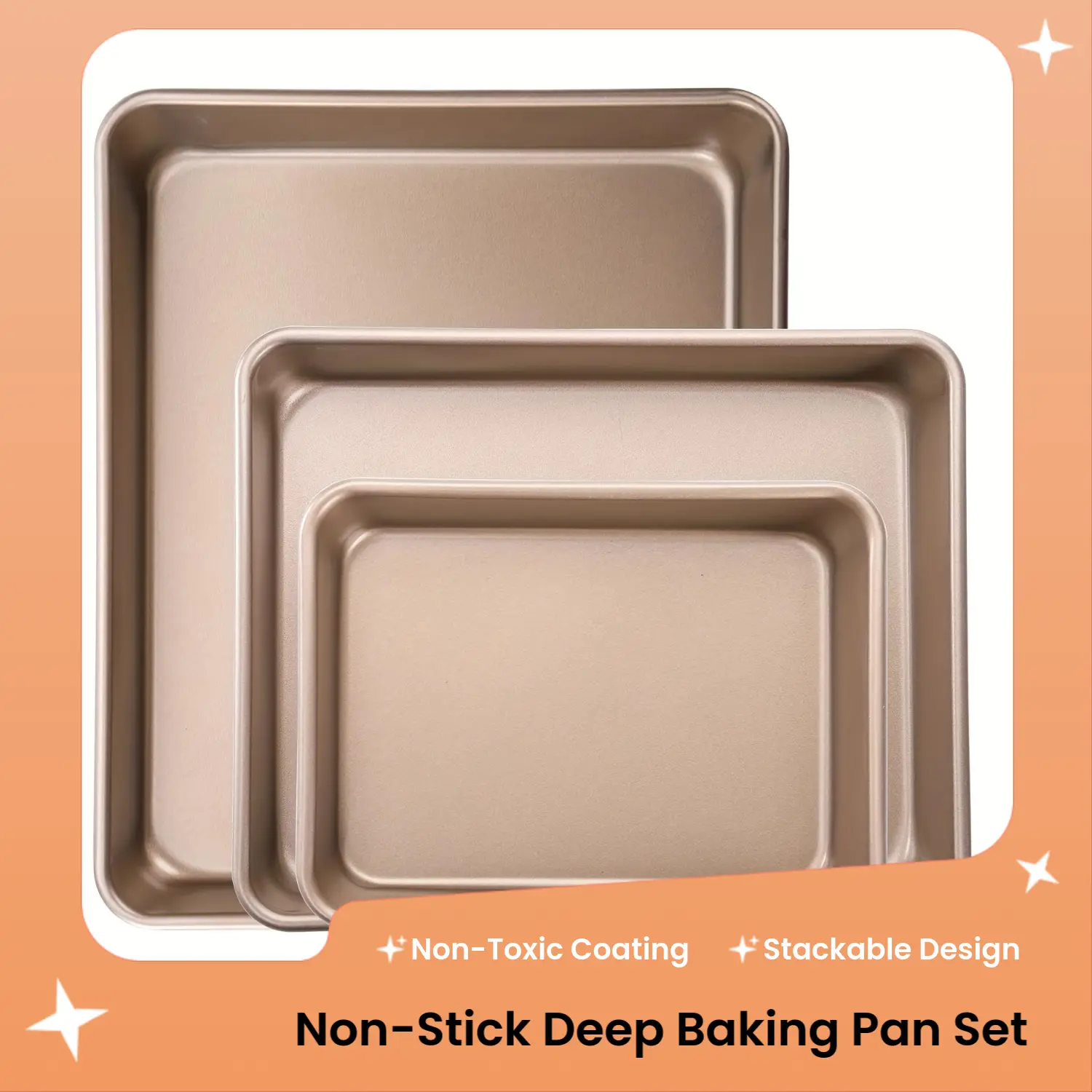 3-Pieces Non-Stick Deep Flexible Carbon Steel Baking Tins Set - Oven-Safe Home Kitchen Bakeware, Non-Toxic Durable Tools for Sheet Cakes, Stackable Easy Clean Baking Trays for Home Cooks