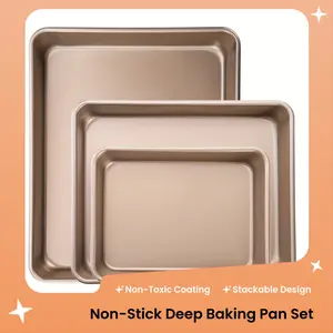 3-Pack Non-Stick Deep Baking Pan Bakeware Set, Heavy Carbon Steel Construction, Non-Toxic Durable Bakeware, Ideal for Sheet Cakes & Pan Dinners, Stackable & Easy to Clean
