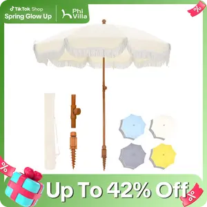 PHI VILLA 7ft Patio Beach Umbrella with Fringe, UPF 50+ Canopy, 8 High Wind Proof Fiberglass Ribs, Fully Assembled, Carry Bag Available Outdoor Aesthetic Round,SpringGlowUp