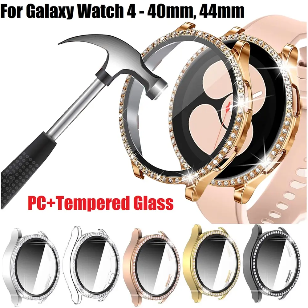 Bling Diamond TPU-PC Bumper Shell & Screen Protector Wearable Anti-Fall Set for Samsung Galaxy Watch 4/5/6/7/FE (40mm, 44mm) 9-Color Smart Wearable Accessories