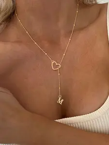 Women's Elegant Stainless Steel Beaded Necklace, Initial Heart Pendant Design, Simple Fashion Jewelry for All Seasons, Perfect Gift Choice