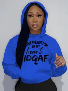 Women's Letter & Heart Print Drawstring Pocket Hoodie, Casual Pullover Tops, Casual Long Sleeve Hooded Sweatshirt for Daily Wear, Ladies Clothes for All Seasons