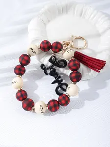Wristlet Keychain Bracelet, Buffalo Plaid Silicone & Wood Beads, Love Engraved Beads, Faux Suede Tassel, Metal Key Ring for Women, Keychain Jewelry, Beaded Keychain