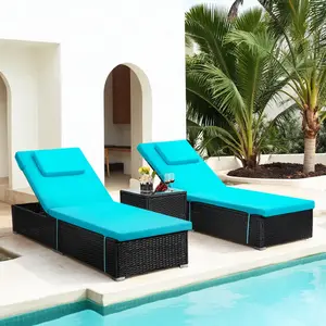 3 Piece Set; Includes 2 Wicker Chaise Lounge Chairs for Outdoors with Matching Side Table, Idea Oversized Reclining Patio Lounger with Washable Cushions, Light Blue Furniture Recliner