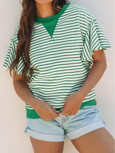 Women's Striped Ruffle Sleeve Top Casual Contrast Detail Loose Fit Tee  #tiktokmademebuyit #springfashion #ootd #casualstyle #boutiquefinds