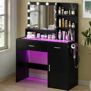 39" LED Vanity Desk with Mirror & Lights – Tempered Glass Top, 2 RGB Drawers & Built-in Power Outlet