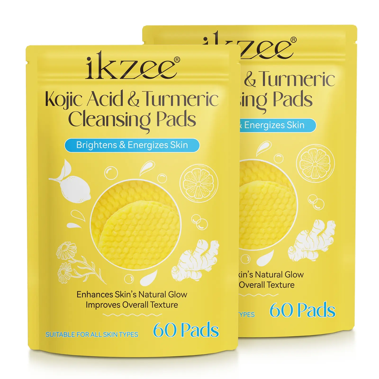 IKZEE Kojic Acid Turmeric Skin Cleansing Tablets, Facial exfoliating cleanser, 60 tablets /2 bags, ready to use upon opening, convenient, cleans skin dirt, keratin, oil stains, suitable for men and women