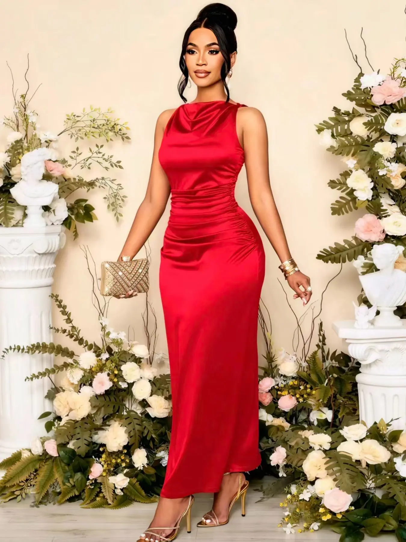 Elegant Women's Solid Color Formal Party Dress, Formal Wear, Sleeveless Drop Shoulder Design, Perfect for Events & Dates, Elegance, B3076 Model, Fit, Chic