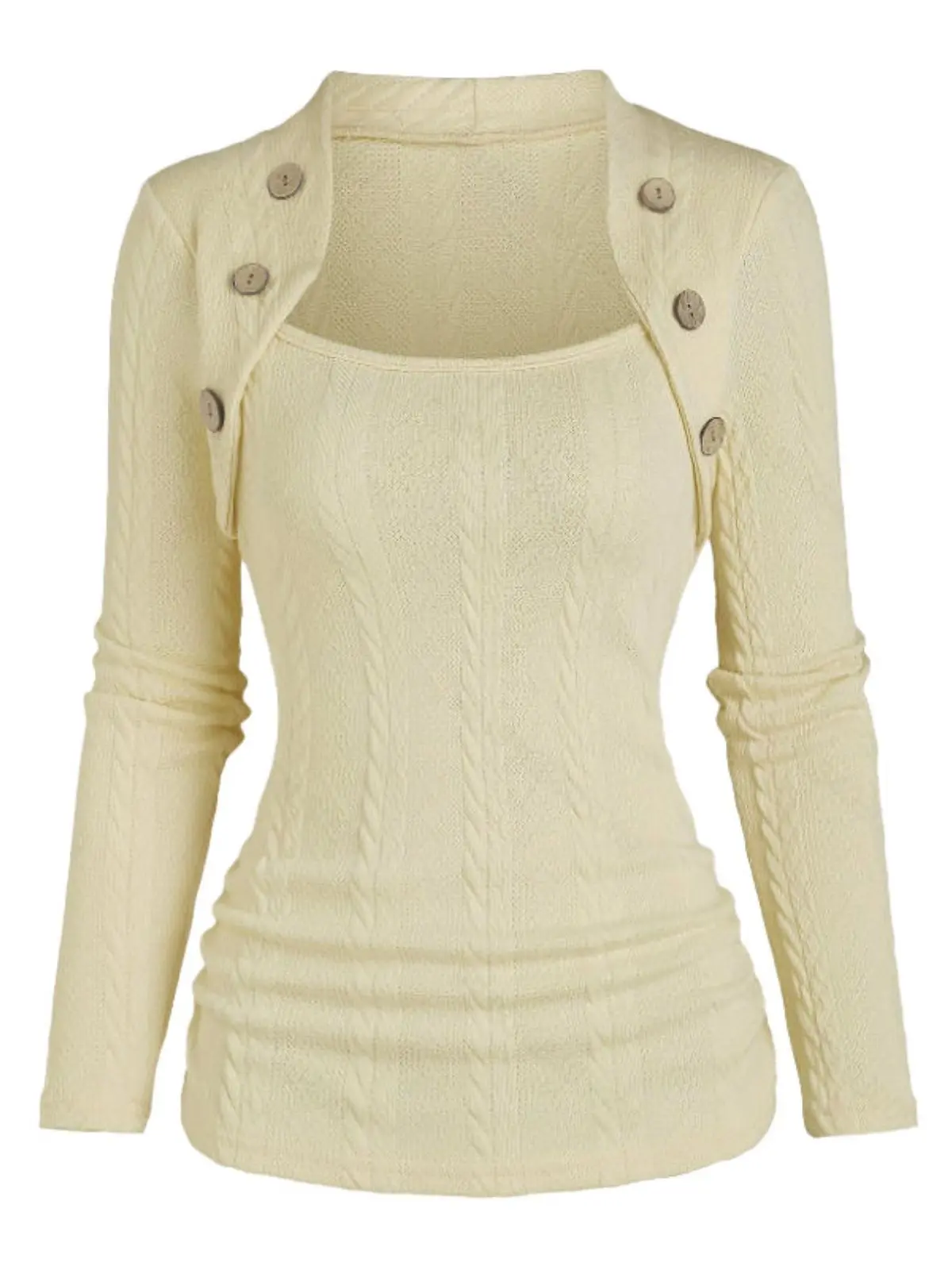 RETRO STAGE Women's Polyester Cable-Knit Sweater Tunic Top - Long-Sleeve Casual Pullover, Retro Look, Faux Buttons, Slight Stretch, Hand Washable, Knitwear