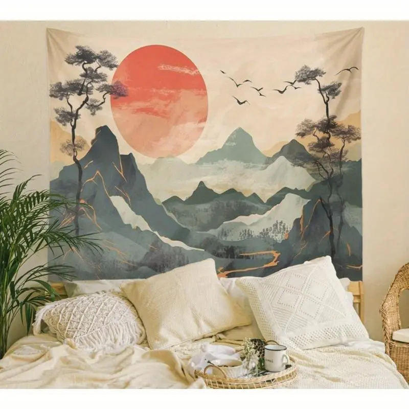 1Pc Bohemian Mountain Sunset Tapestry - Minimalist Japanese Wall Art, Red & Orange Gradient Landscape With Pine Trees & Mountains, Lightweight Peach Velvet Fabric, Horizontal Home Decor For Living Room, Bedroom, Dorm tiktokshopbacktoschool