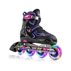 Purple Adjustable Inline Skates, All Wheels Light Up, Suitable for Boys and Girls, Children and Teenagers, Fun Light-Up Outdoor Skates for Women and Men, Black