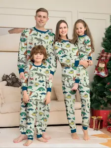 Christmas Dinosaur Family Pajamas, Colorful Print, Soft Stretch Fabric, Fall & Winter, Casual Fitted Style, Unisex Adult Kids