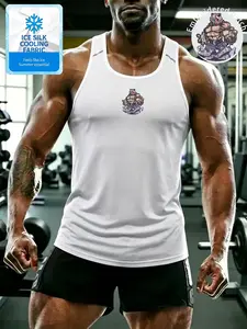 Men’s Ice Silk Cooling Gym Tank Top, Muscle Fit Workout Sleeveless Shirt with Bear Embroidery Patch, Quick Dry Breathable Athletic Vest for Gym, Running, Hiking, Casual Streetwear & Athleisure, All-Day Comfort Summer Essential Gothic Gym Wear Slim Fit