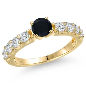 14K Yellow Gold Black Onyx and Lab Grown Diamond Engagement Ring For Women | 1.58 Cttw | Round 5MM | Gemstone December Birthstone