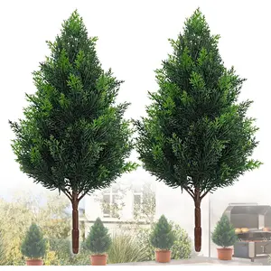 20 Inch (2 Pack) UV Resistant Artificial Cedar Topiary Plants Faux Pine Stems Shrubs Plastic Greenery for Indoor Outdoor Home Garden Front Porch Office Restaurant & Holiday Party Decor