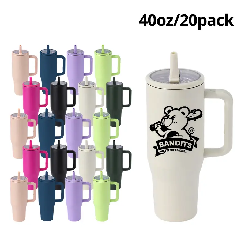 20-Pack 40oz Powder Coated Flip Straw Insulated Travel Mugs - Water Bottles, Flasks, Thermo Tumbler, Removable Handle & Straw, Laser Engravable, for Outdoor Sports, Festive Gifts