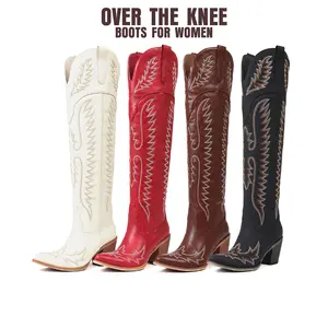 CELNEPHO Women Cowboy Boots Pointed Toe Over The Knee Country Boot Western Embroidery Design Side Zipper Closure Easy Pull on Cosplay Cowboy Festival Valentine Gift Spring Dress Shoes