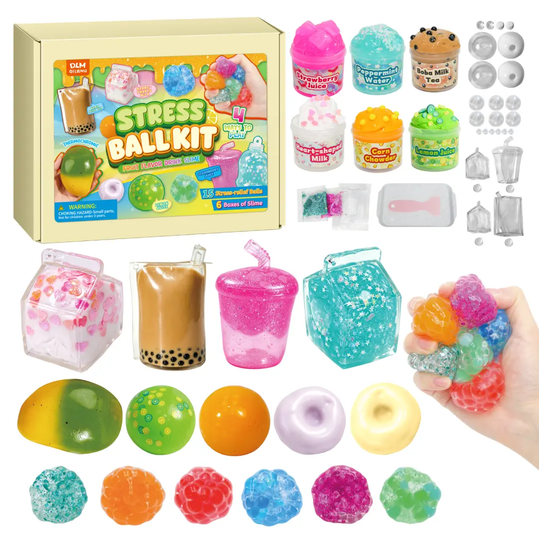 DLMdilemu DIY Stress Ball Kit for Kids, 15 Pcs Squishy Stress Balls with 6 Slime Cups, Fruit Drink Theme Sensory Fidget Toys, DIY Squeeze Balls Craft Kit, Creative Kids Gift