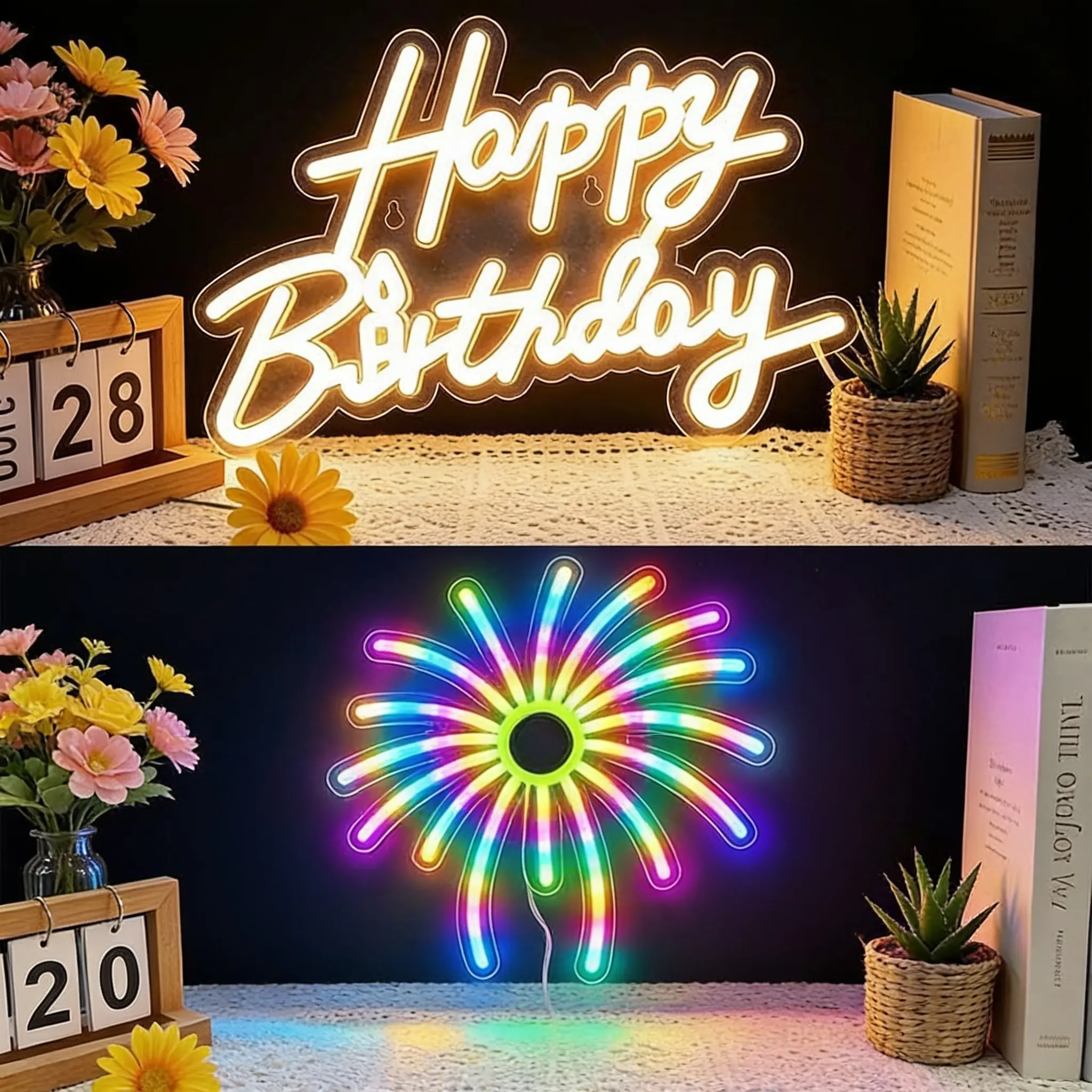 2-Style RGB Color-Changing Neon Sign with Music Sync, Happy Birthday Letter/Firework LED Light, Versatile USB Hanging Wall Lamp for Birthday Party, Holidays, Photo Backdrop Decor Gift, 1 Set Dazzling Display, Birthdays