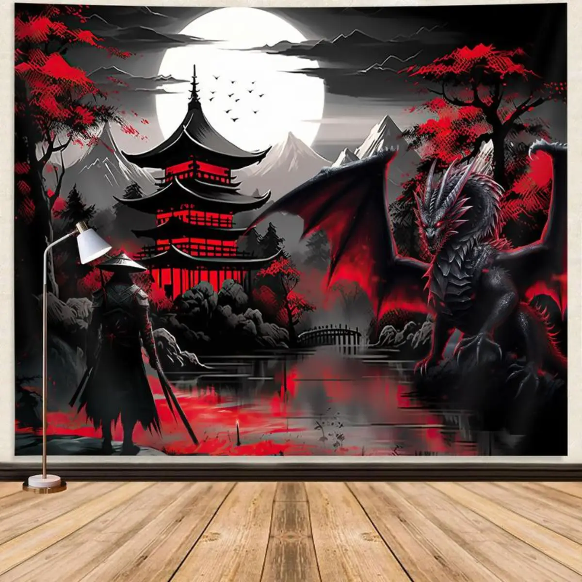 Anime Samurai Dragon Tapestry, Retro Black and Red Decorative Polyester Wall Hanging, Room Accessories for Men, Home Decor Gift for Father's Day Boyfriend College Dorm Tree Decor, Black And Red Tapestries