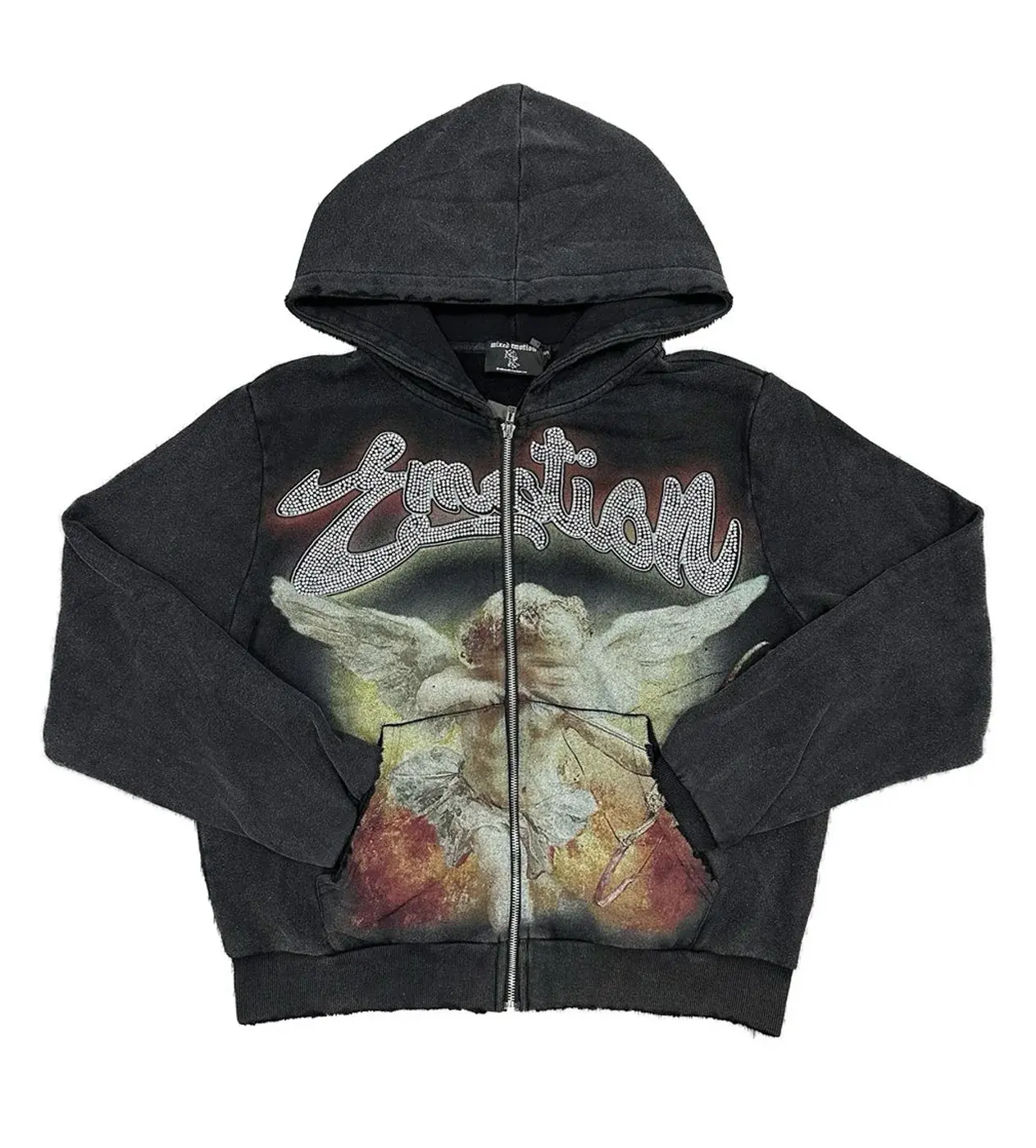 Mixed Emotions Rhinestone Hoodie Acid Wash Black – Vintage Patchwork Y2K Streetwear Pullover Sweatshirt, Colorful Graphic Hooded Top, Retro Urban Fashion for Men & Women, Casual Fall Winter Outfit