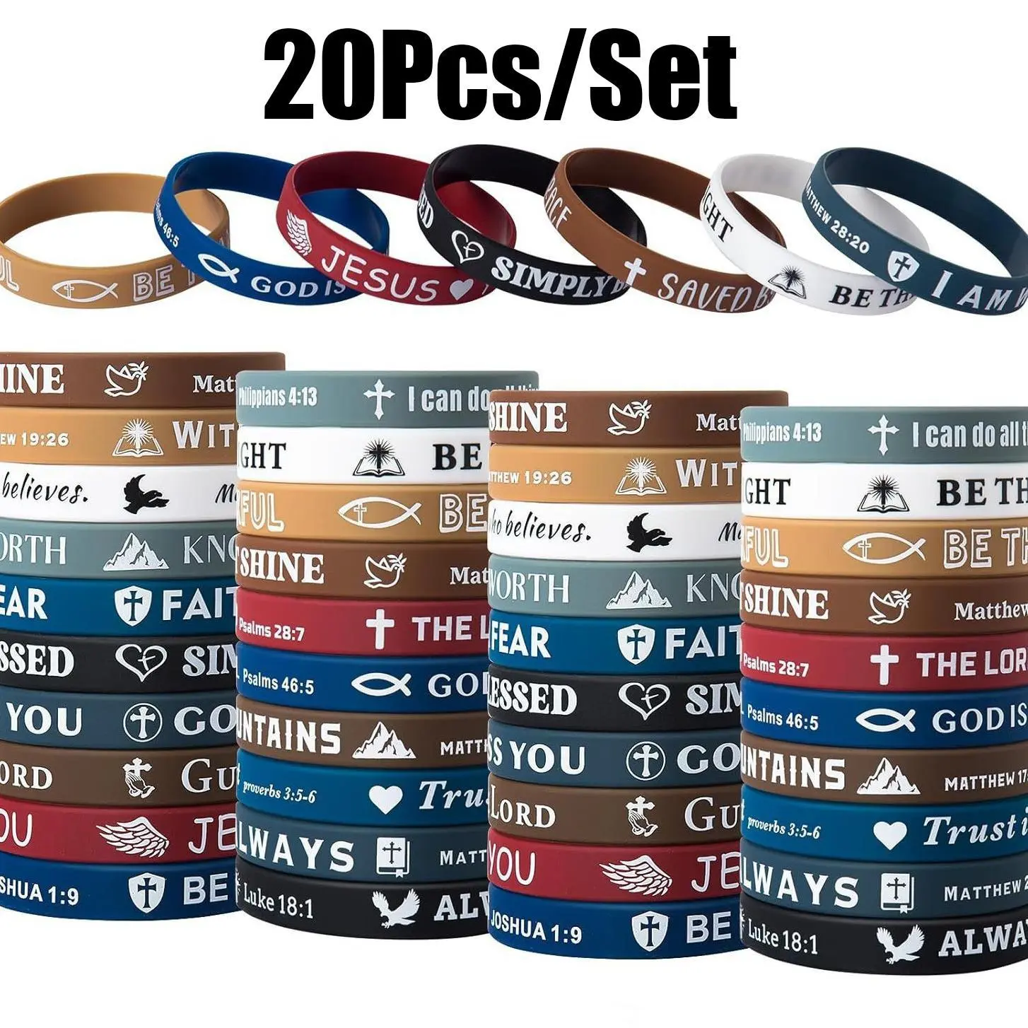 20 Pieces Bible Verses Bracelets Motivational Quote Rubber Wristbands Silicone Bracelet Inspirational Silicone Wristbands Stretch Unisex Wristbands for Men Women Teens Party