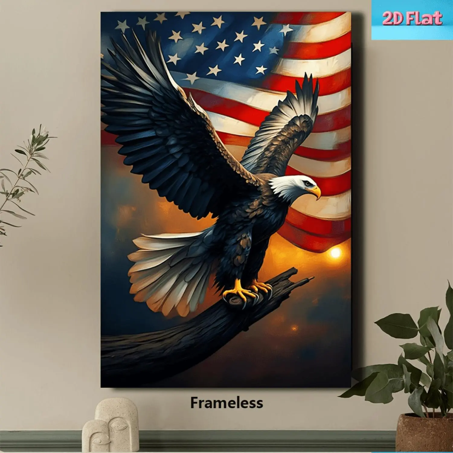 2D Flat, 1pc Frameless Vertical Canvas Wall Art - American Bald Eagle & US Flag Painting, Modern Patriotic Decor for Living Room, Office, Bedroom, Kitchen - Ideal 4th of July Gift, Memorial Day Home Decoration, Indoor/Outdoor Use, 2D Flat