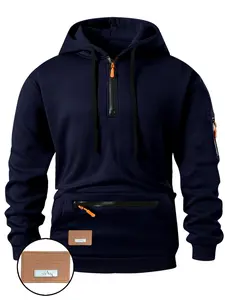 Men's Half-Zip Hooded Sweatshirt, Half Zip Pullover, Trendy Pocket Zipper Design, Letter Print, Loose Fit, Fall & Winter Casual Fashion