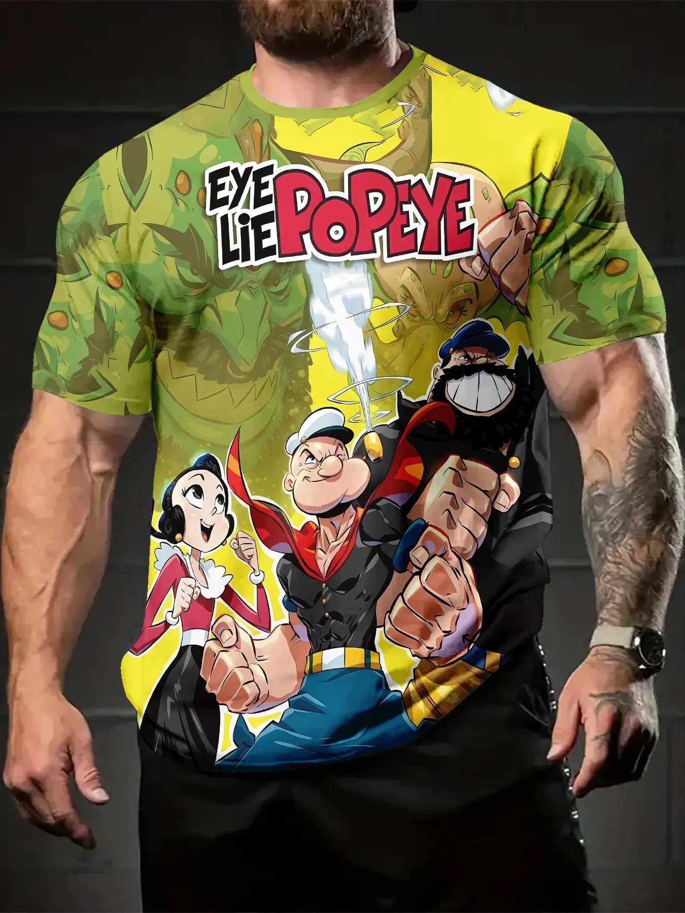 Popeye's Super Exciting Duel! Eye Lie Co-branded 3D Digital Printed T-shirt, Tee, a casual, Classic, Sporty, Streetwear, versatile sports menswear men's crew neck short-sleeve, suitable for daily wear, and a perfect festive holiday gift for men