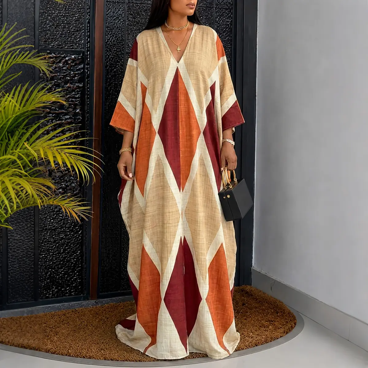 CHICME Women's Oversized Argyle Kaftan Maxi Dress V Neck Batwing Sleeve Hollow-out Beach Robe Long Dress with Pockets CHICME Women's Oversized Argyle Kaftan Maxi Dress V Neck Batwing Sleeve Hollow-out Beach Robe Long Dress with Pockets