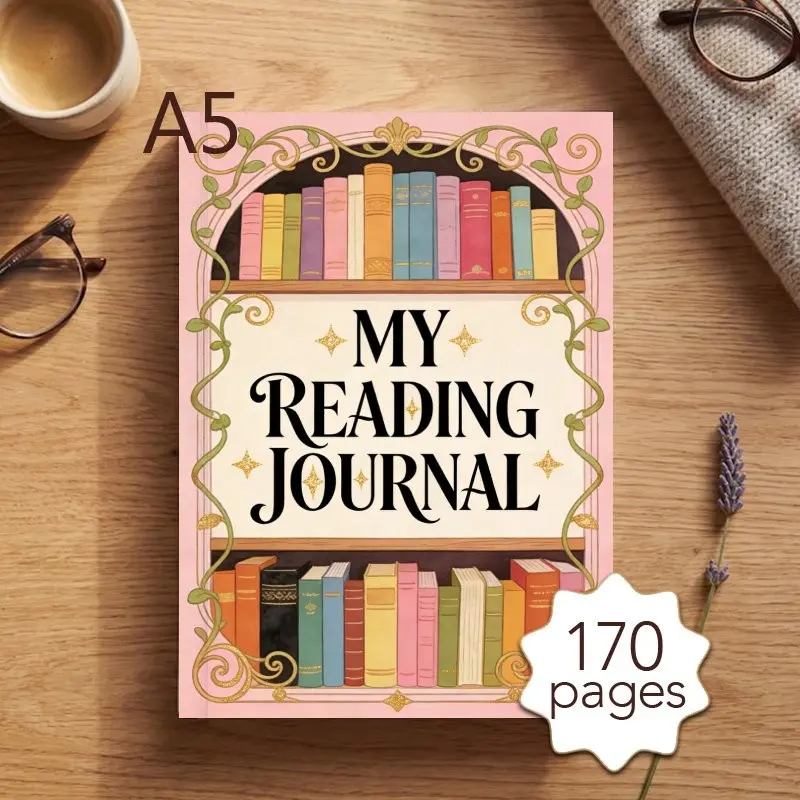 A5 Reading Journal, Daily Reading Planner with 170 Pages, Bookshelf Illustration, New Book Tracking, Organise, Reading Log & 52 Book Review Templates, Gift for Book Lovers to Record Book Notes, Quotes & Reflections, Reading Activities
