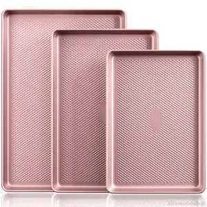 Diamond-Texture Baking Sheet Pan Set, Non-Stick Cookie Sheets, Teflon-Free Heavy Duty Bakeware - 3 Sizes, Baker, Pink Kitchenware CookingAHavenGoods26