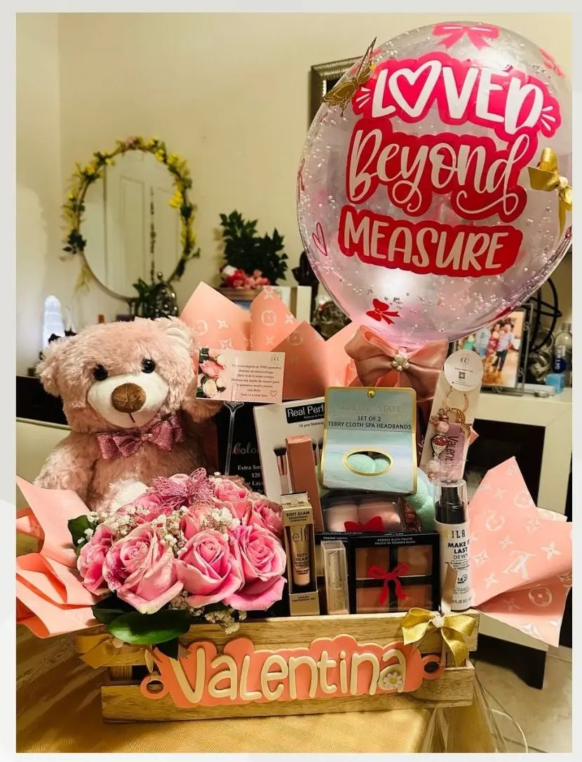 Beauty & Creativity Personalized Gift Basket | Roses, Teddy & Keepsake Crate | Local Miami Delivery